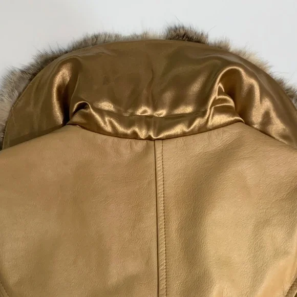 Vintage Arden B | Y2K Penny Lane Tan Leather Coat Fur Collar Embroidered | Sz S - Picture 12 of 13